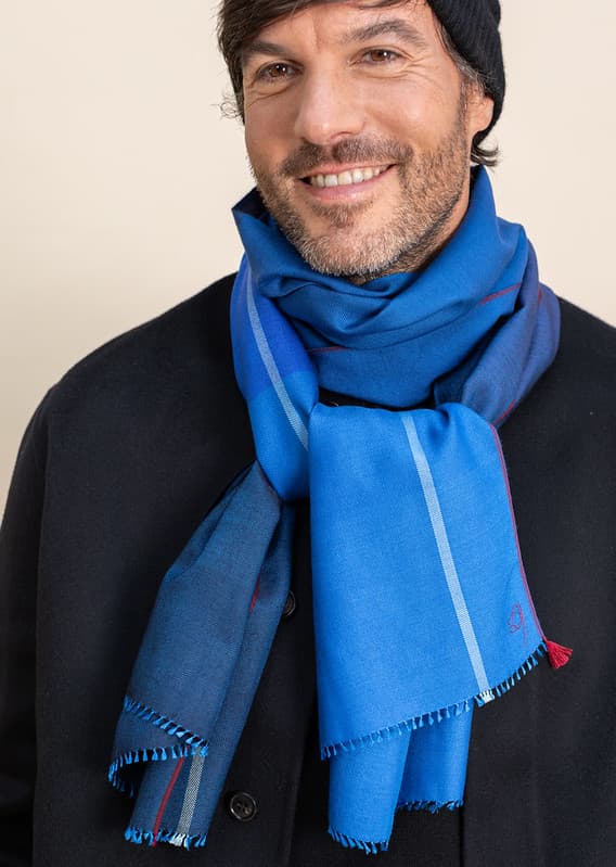 Écharpe Colorblock en soie laine bleu